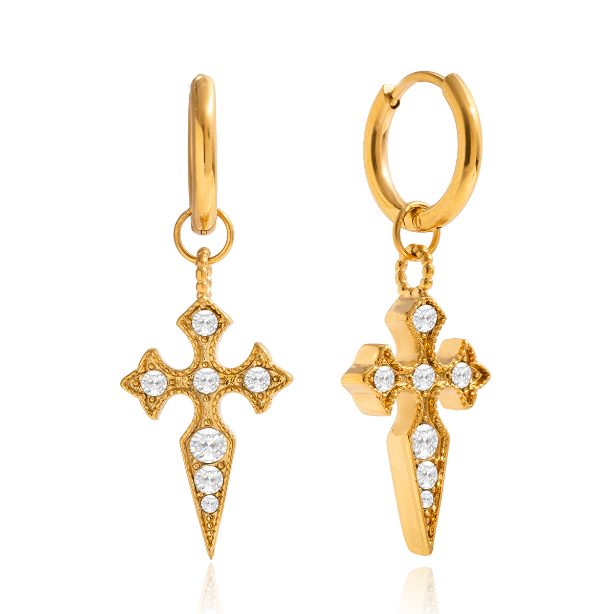 Women's Classic Style 18K Gold Stainless Steel + Rhinestone White Rhinestone Cross Pendant Earrings Pair