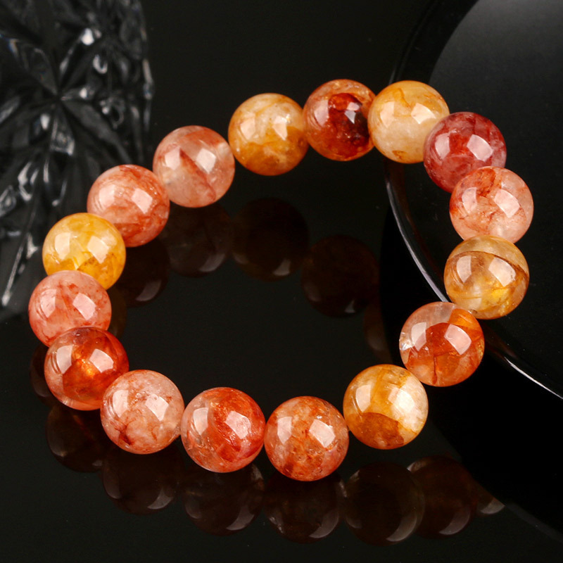 Natural Crystal Flower Bracelet Lucky Phoenix Feathers Red And Yellow Geometric Pattern Polished Round Beads Unisex Bracelet