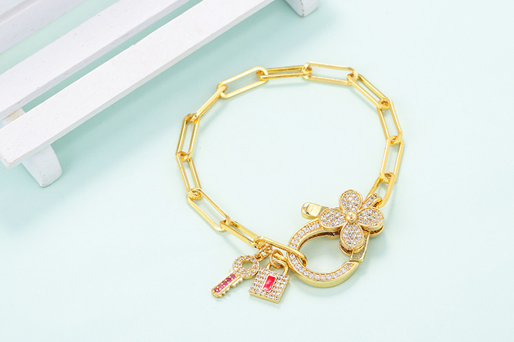 Korean Style Key Lock Four-leaf Clover Zircon Interlocking Hollow Chain Bracelet