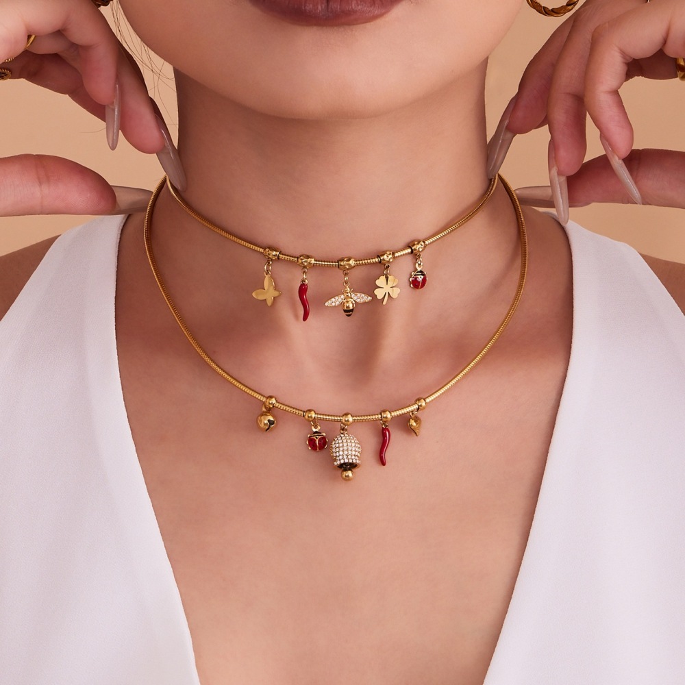 Stainless Steel Zirconia Pendant Oil Drop Red Pepper Ladybug Bee Bell Tassel Women's Necklace Unique Style Jewelry Accessories