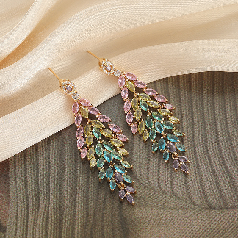 Elegant Long S925 Silver Needle Zircon Leaf Earrings Wedding Bride Jewelry Bohemian Floral Print Fairy Style Women's Accessories