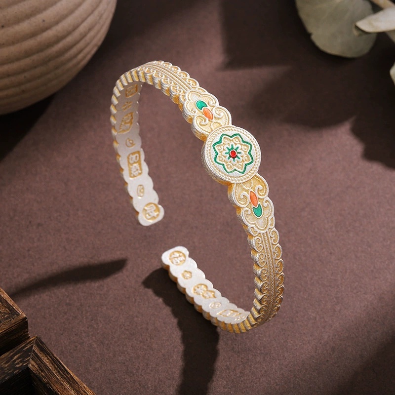Vintage Ethnic Style Silver-Plated Bracelet With Gold Enamel Ruyibao Xianghua Auspicious Inscriptions Open-Ended Bracelet Copper Universal Electroplated Geometric Pattern National Trend Girlfriend