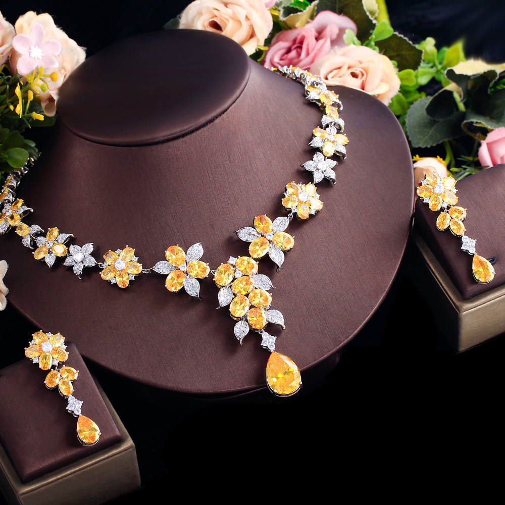 Women's Luxury Yellow Zircon Copper Jewelry Set - Teardrop Floral Earrings And Necklace For Wedding Banquet Evening Party Date
