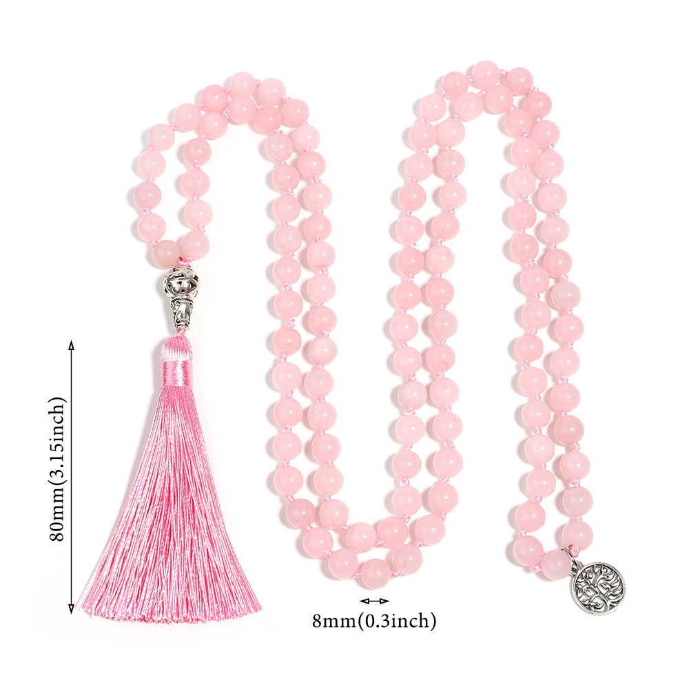 108 Pink Crystal Handmade Knot Necklace  Best Selling Long Tassel Accessories Meditation Woolen Chain In Stock Wholesale