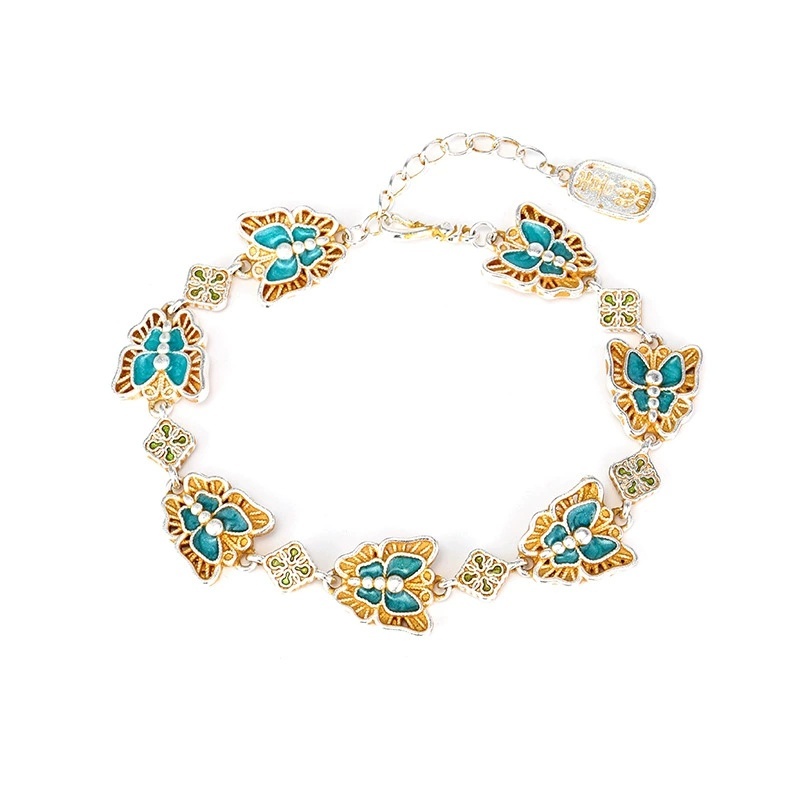 Silver-Plated Bracelet With Gold-Plated Enamel Butterfly Vintage Peace And Joy Bracelet For Women Enamel Gold-Plated National Style High-End Feel
