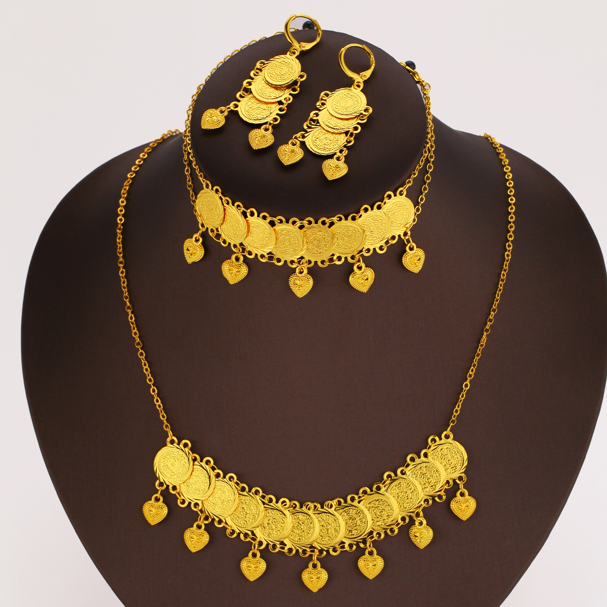 4pcs Middle Eastern Fashion Retro Heart Pendant Gold Coin Jewelry Set, Suitable For Daily Wear At Parties And Banquets, Holiday Gift