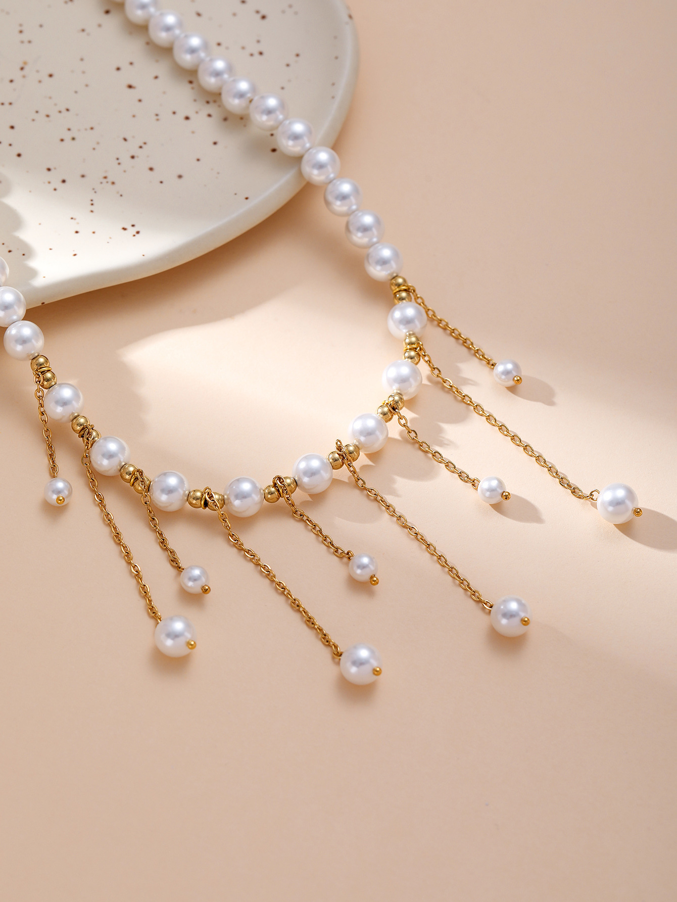 Fashion European And American UV Electroplated Pearl Necklace For Women, Long Pearl Chain With Tassel, Titanium Steel Fashion New Design Women's Jewelry Wholesale