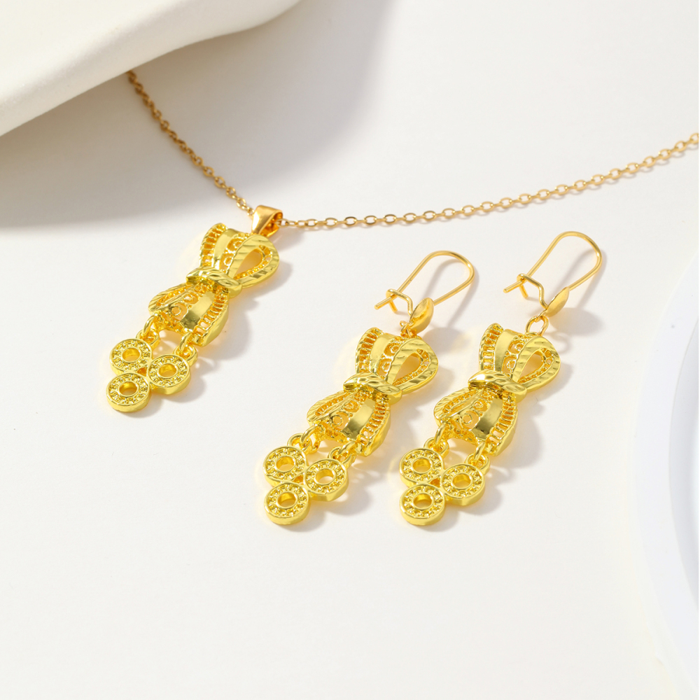 3pcs Fashion Personality Bowknot Copper Coin Pendant Necklace Earrings, Suitable For Daily Wear, Parties, And Holiday Gifts