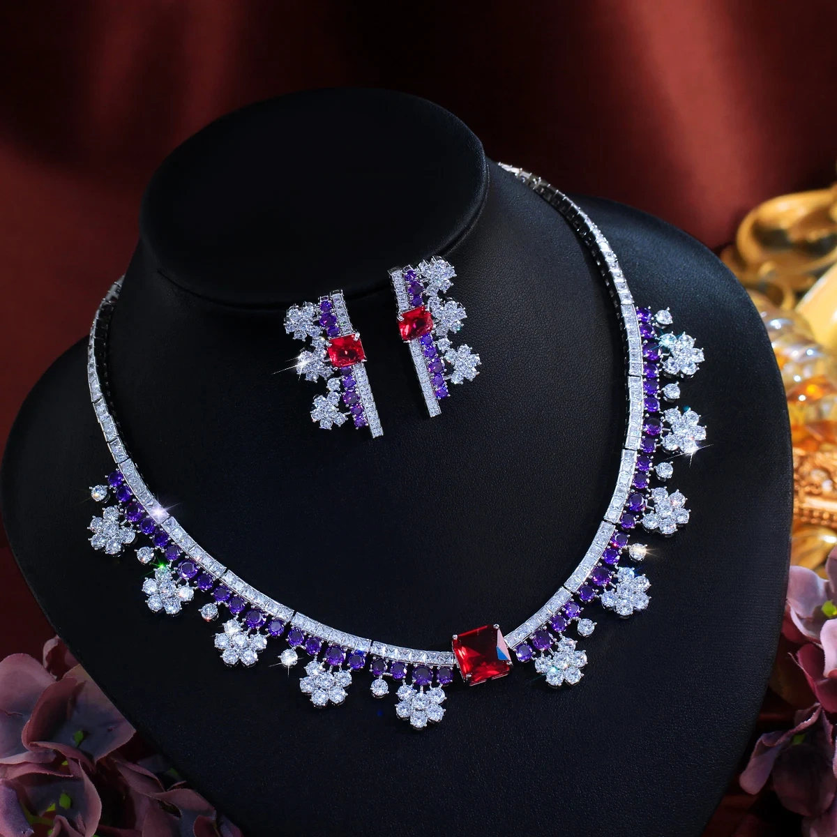 Copper Jewelry Two-Piece Set Charming Purple White Red Zircon Inlaid Floral Necklace Earring Set Suitable For Women Engagement/Wedding Ideal Jewelry Gift