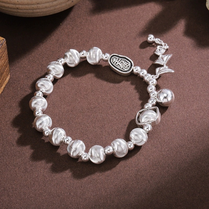 White Copper Silver-Plated Bracelet 0kg Wheat Spike Lucky Cat Eye Beaded Bracelet Light Luxury Niche Retro Design Exquisite
