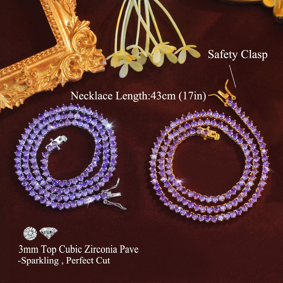 Copper Material Water Plated Rhodium Inlaid Purple Round Zircon Geometric Pattern (Jewelry) Waterproof Non-Fading Butterfly Clasp Women's Wedding Full Diamond Tennis Necklace