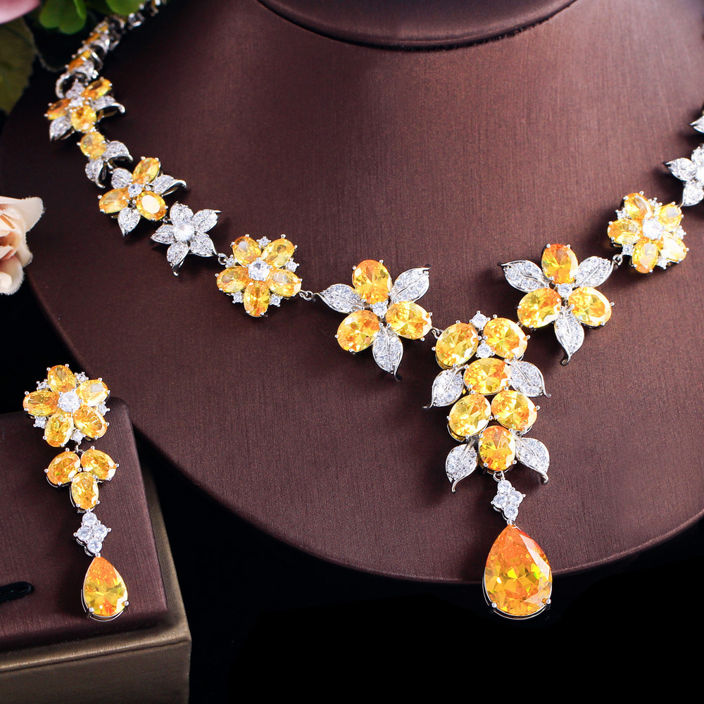 Women's Luxury Yellow Zircon Copper Jewelry Set - Teardrop Floral Earrings And Necklace For Wedding Banquet Evening Party Date