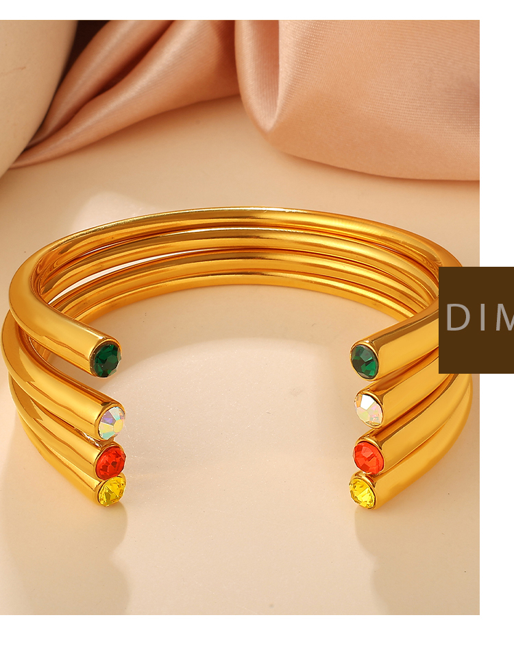 Multicolor Gemstone Open Bracelet Minimalist Colorful Diamond Jewelry Elegant Women's Bracelet 304 Stainless Steel Vacuum Electroplated 18K Real Gold