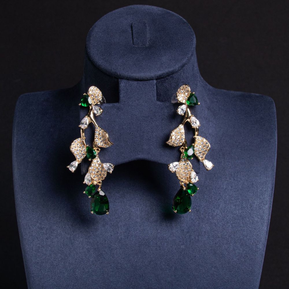 Luxury Waterdrop Zirconia Earrings Women's Bridal Jewelry Long Leaf Silver Needle Geometric Pattern Wedding Accessories