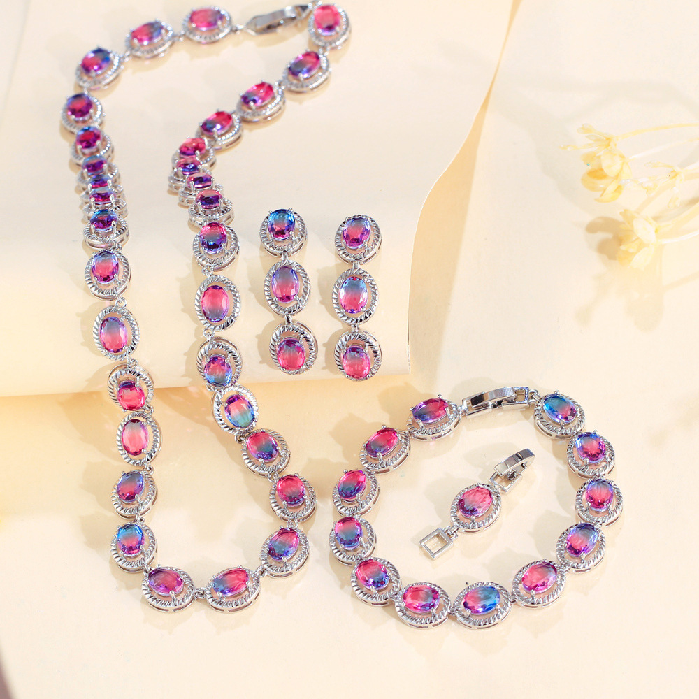 Gold Plated Bridal Jewelry Set 3 Pieces - Luxury Rhinestone & Oval Gemstone Necklace Earrings Bracelet Trio For Women Wedding Party Accessories