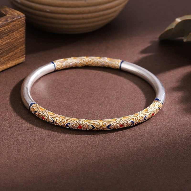 Universal Electroplated Silver-Plated Geometric Pattern Copper Bracelet Enamel Color Antique Pattern Fixed Ring Ruyi Flower Gold-Plated Bracelet Birthday Light Luxury Gift