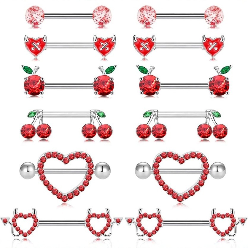 Red Diamond Embedded Heart Cherry Piercing Jewelry Set Women's Stainless Steel Fashion Accessories  Style