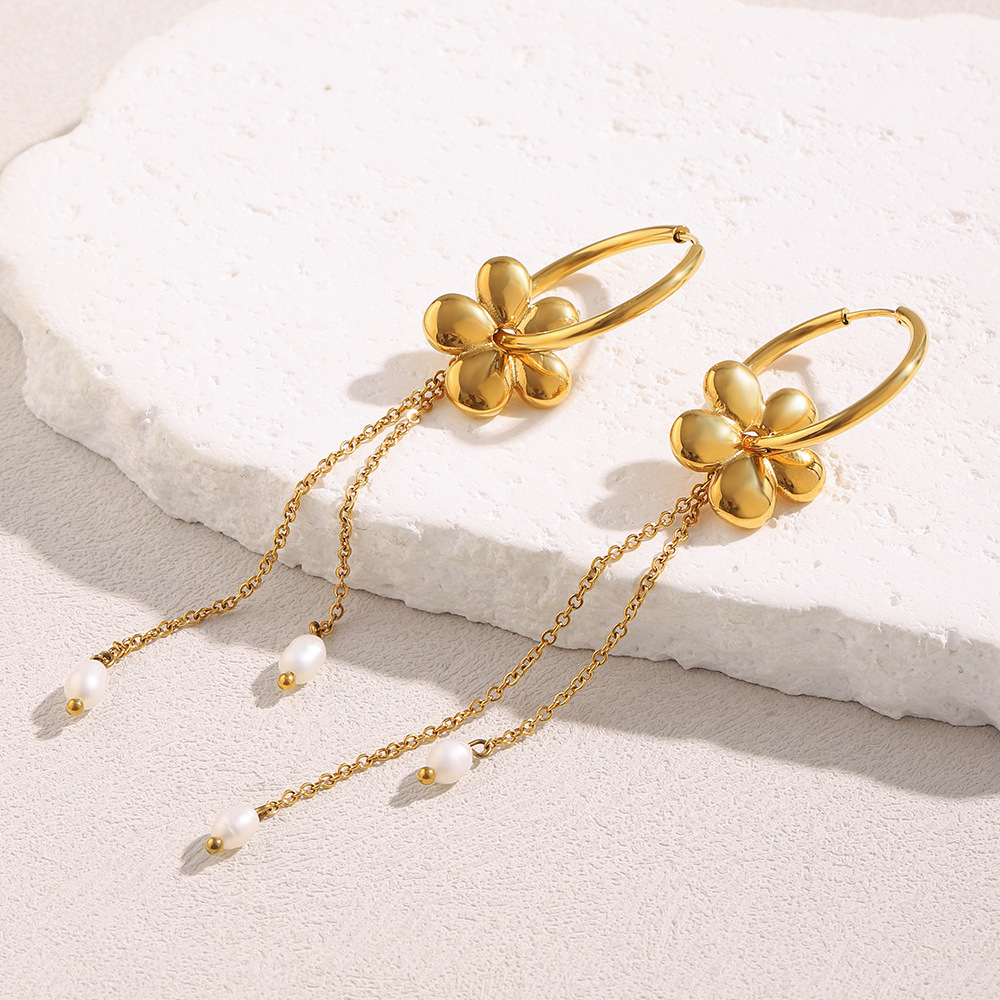 Elegant Versatile High-End Pearl Tassel Earrings Stainless Steel Plated 18K Gold Geometric Pattern Luxury Style For Women