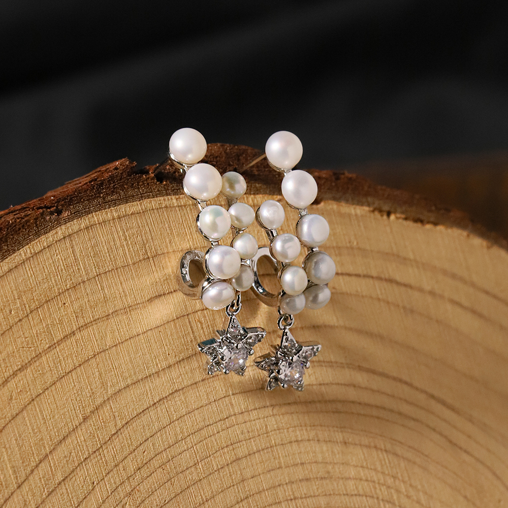Natural Freshwater Pearl Star Stud Earrings White Gold Elegant Simple Style Women's Jewelry Accessories For Date And Tea Party