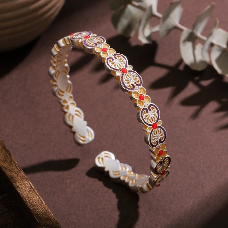 Vintage Ethnic Style Silver-Plated Bracelet New Chinese Style Violet Bracelet National Style Gold-Plated Enamel Double Ruyi Bracelet Gift Copper Geometric Pattern Flower Bracelet