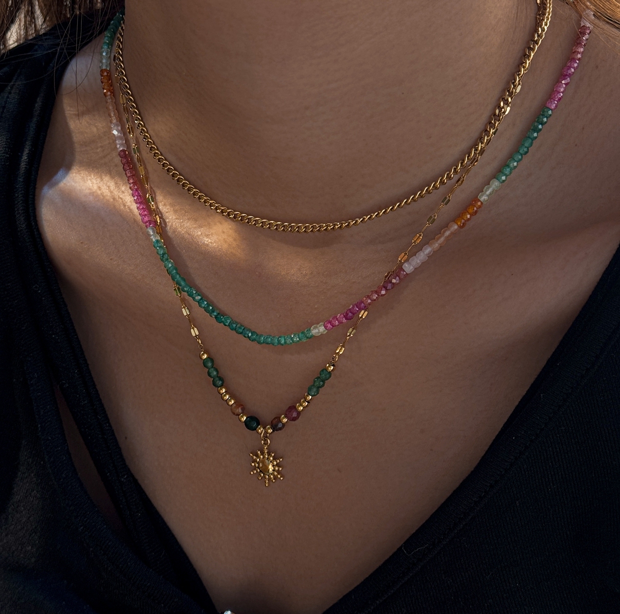 304 Stainless Steel Zircon Geometric Pattern Vacuum Plating (In Furnace) 18K Real Gold Plated Beaded Chain Lobster Clasp Colorful Gold Necklace For Women Elegant Basic Style (Simple Design) Novel Design