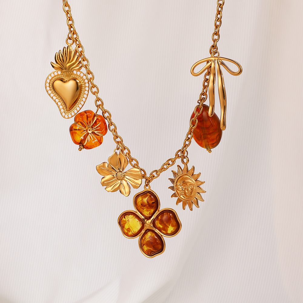 Milad Style Sunflower Bow Amber Color Vacuum Electroplated 18K Real Gold 304 Stainless Steel Autumn Winter Sweater Chain