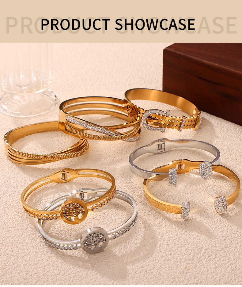 PVD Coated Real Gold Plated 18K Gold Life Tree 304 Stainless Steel Retro Classic Style British Style Waterproof Non Tarnish 304 Stainless Steel Bangle