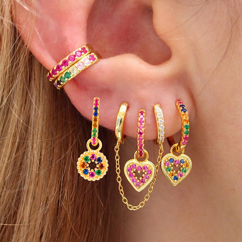 Luxury Zircon Earring Set Tiktok   Ins Style Heart And Circle Shape Gold Plated Copper Jewelry Accessories