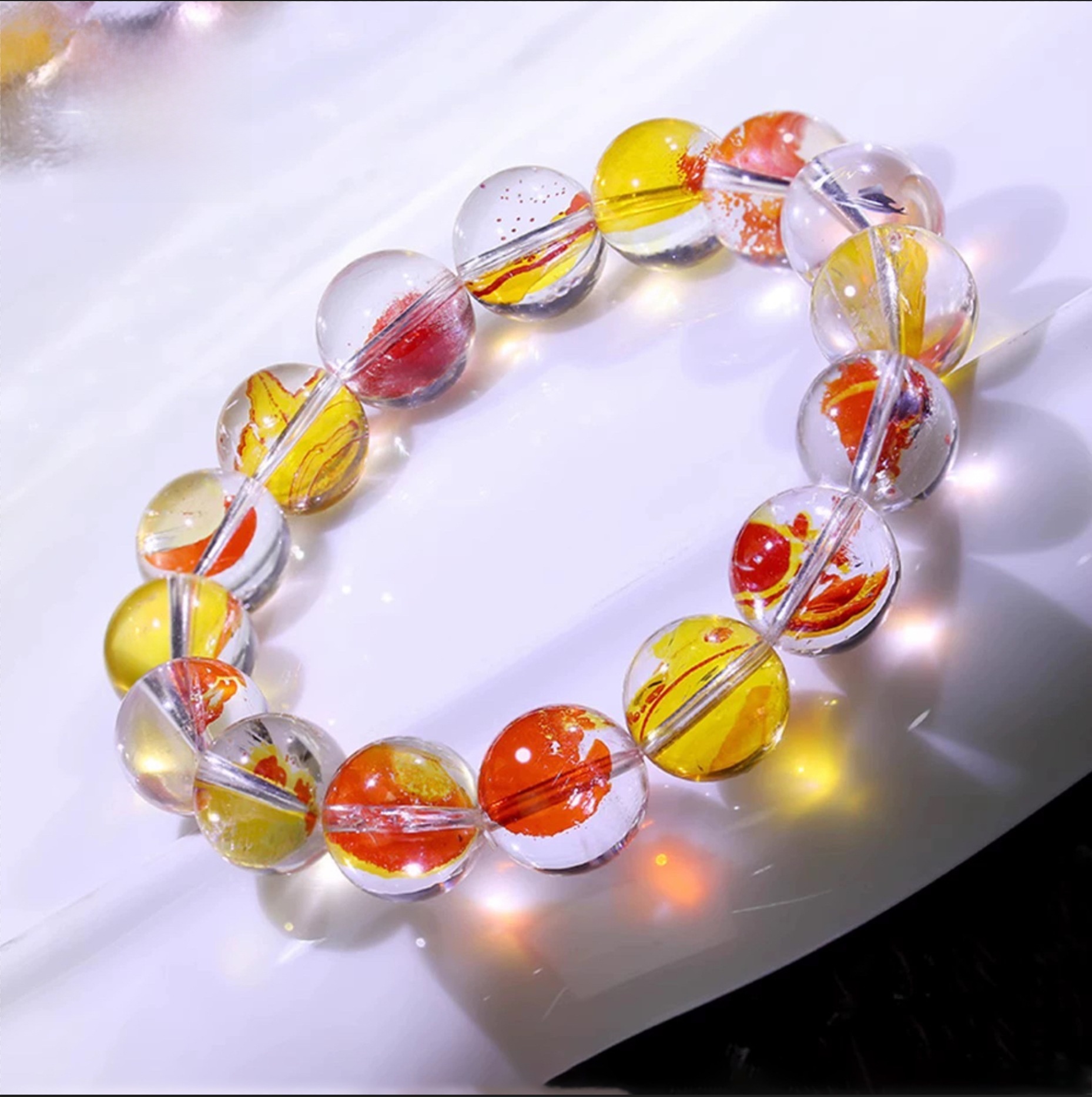 Natural Crystal Flower Bracelet Lucky Phoenix Feathers Red And Yellow Geometric Pattern Polished Round Beads Unisex Bracelet