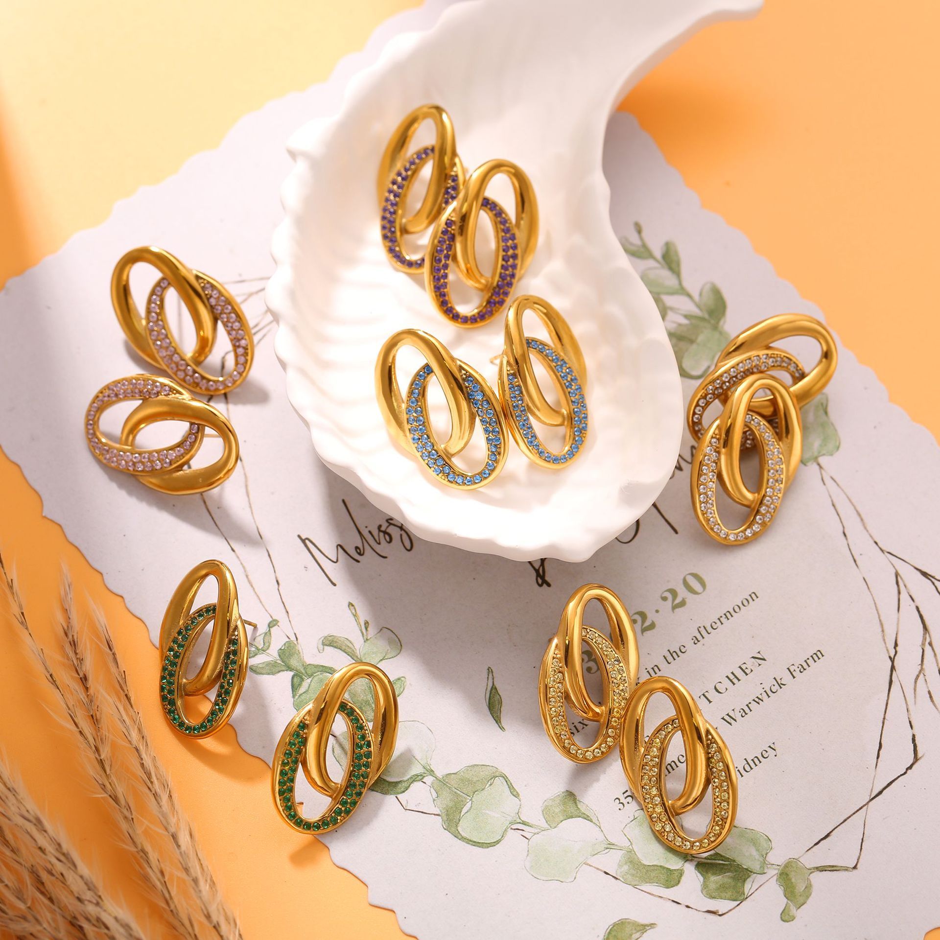 UV Electroplated 18K Real Gold Stainless Steel Casting Double O Splicing Zirconia Earrings Niche European And American Style Trendy Fashion Earrings