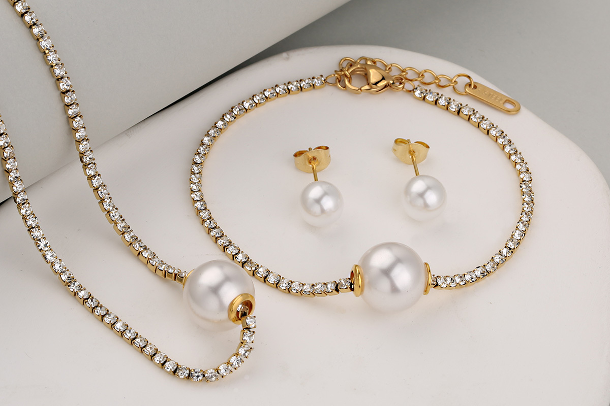 Stainless Steel Full Drill Jewelry Set Cross Circle Heart Shaped Vacuum Plating 18K Gold Dipped Water Diamond Accessories