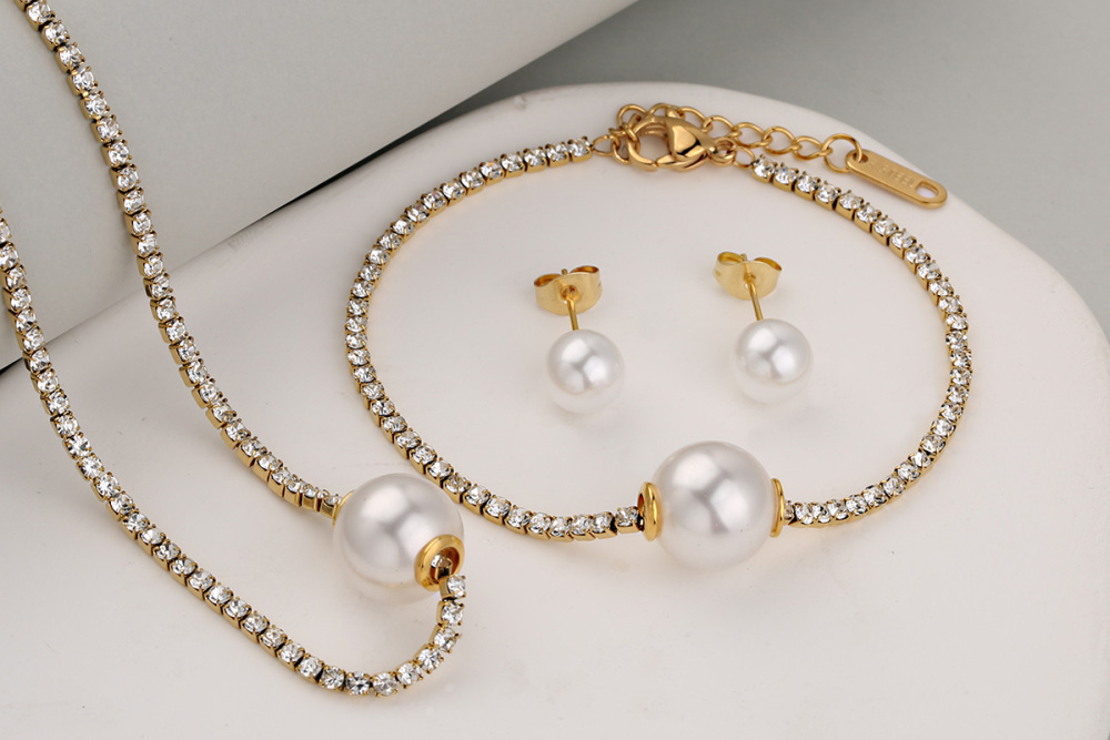 Stainless Steel Full Drill Jewelry Set Cross Circle Heart Shaped Vacuum Plating 18K Gold Dipped Water Diamond Accessories