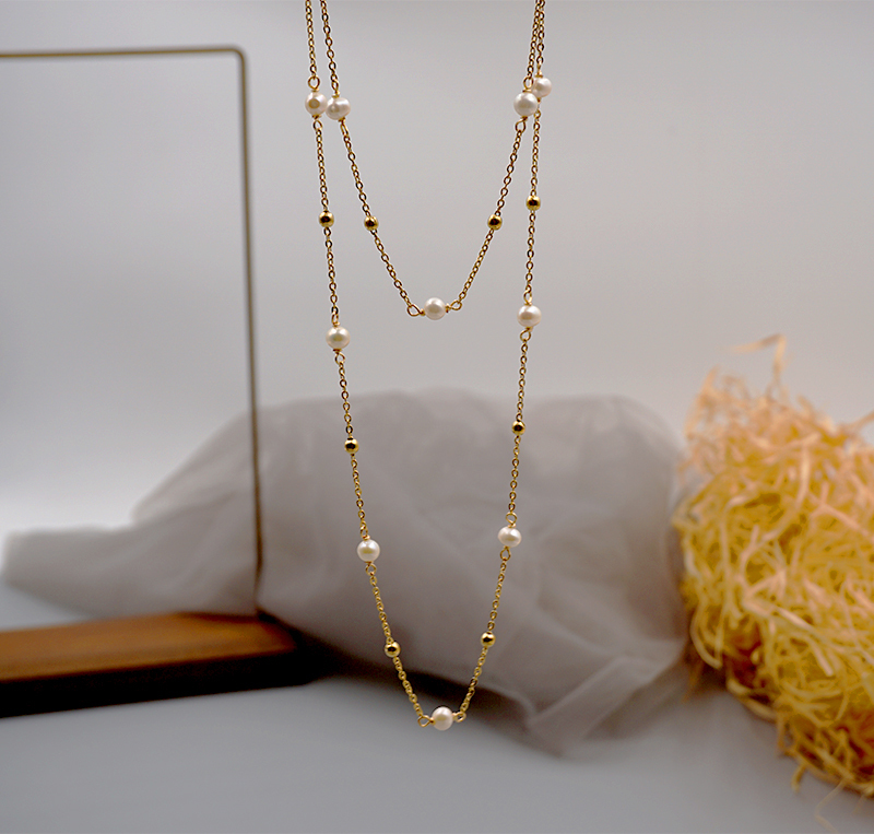 Freshwater Pearl Ferroalloy Round Vacuum Plating Gold Plated Simple Style Classic Style Waterproof Non Tarnish Beaded Plating Gold Sweater Chain Long Necklace
