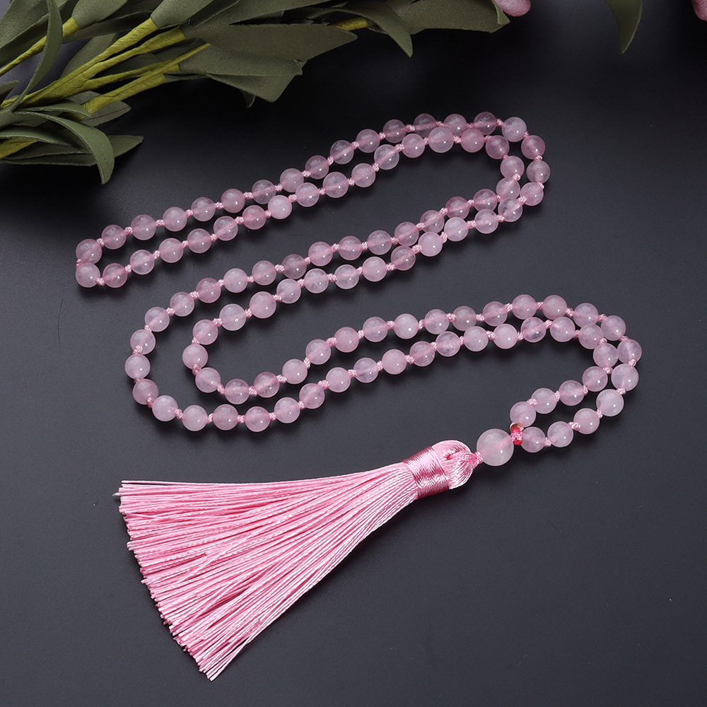 108 Pink Crystal Handmade Knot Necklace  Best Selling Long Tassel Accessories Meditation Woolen Chain In Stock Wholesale