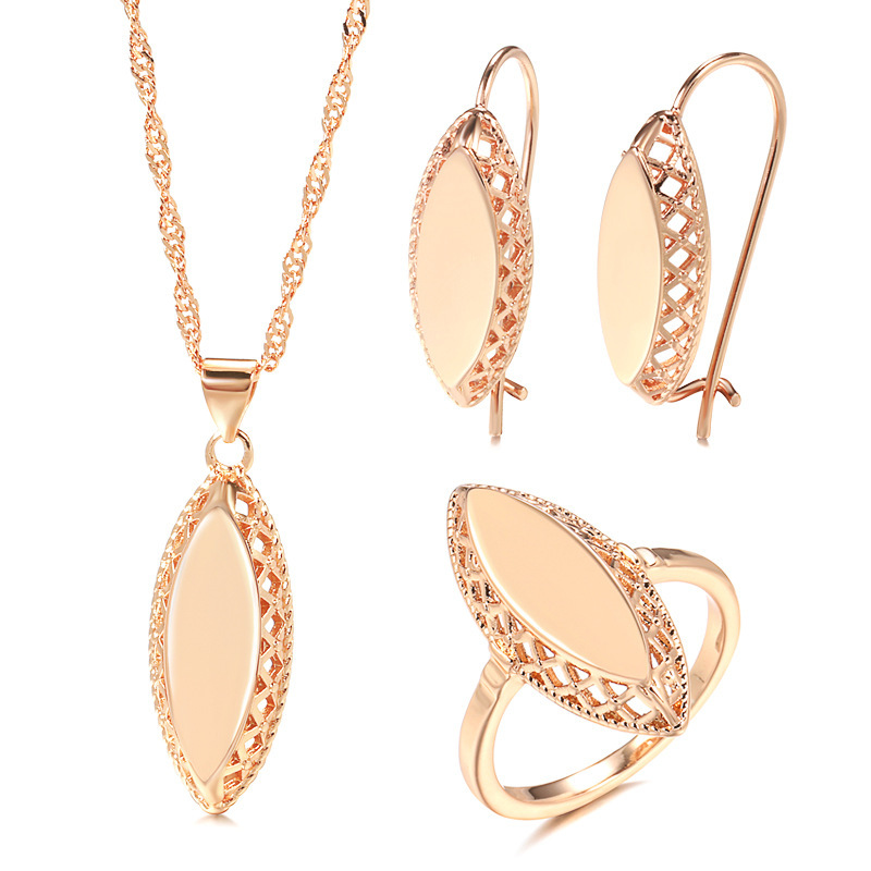 Luxury Ethnic Jewelry Set Smooth Horse Eye Ring Earrings Necklace Copper Plated Real Gold Geometric Pattern Women's Fashion Accessories