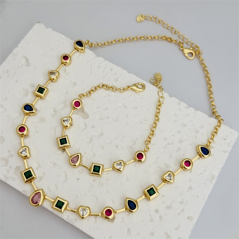 Wholesale Jewelry Classic Style Geometric Copper Zircon 18K Gold Plated Bracelets Necklace Jewelry Set Italian Charm & Links