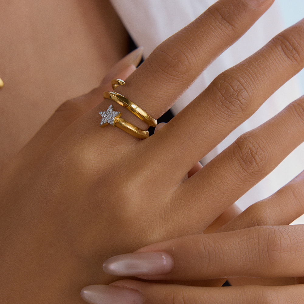 Real Gold Plated 316 Stainless Steel  PVD Coated Star Waterproof Non Tarnish Casual Vacation Modern Style Rings For Women's