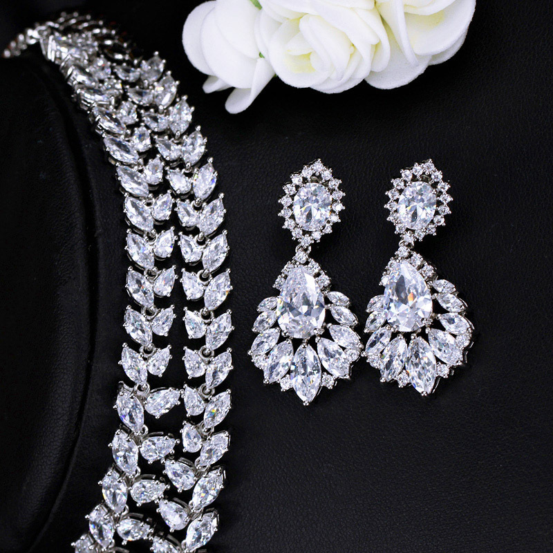 Banquet Birthday Date Copper Women's Zircon Silver Rhodium Plated Water Droplets Flower Jewelry Set