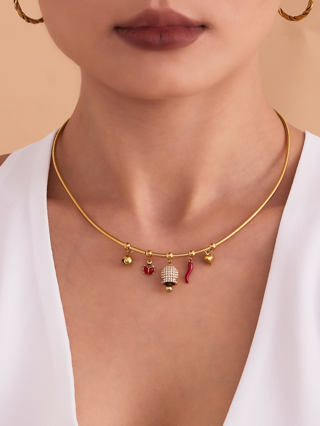 Stainless Steel Zirconia Pendant Oil Drop Red Pepper Ladybug Bee Bell Tassel Women's Necklace Unique Style Jewelry Accessories
