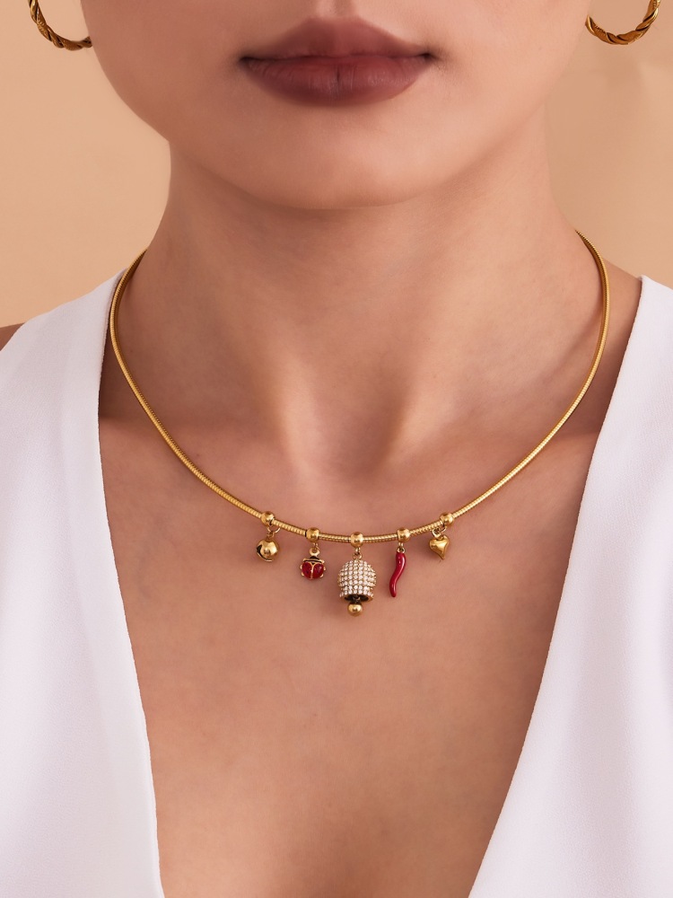 Stainless Steel Zirconia Pendant Oil Drop Red Pepper Ladybug Bee Bell Tassel Women's Necklace Unique Style Jewelry Accessories