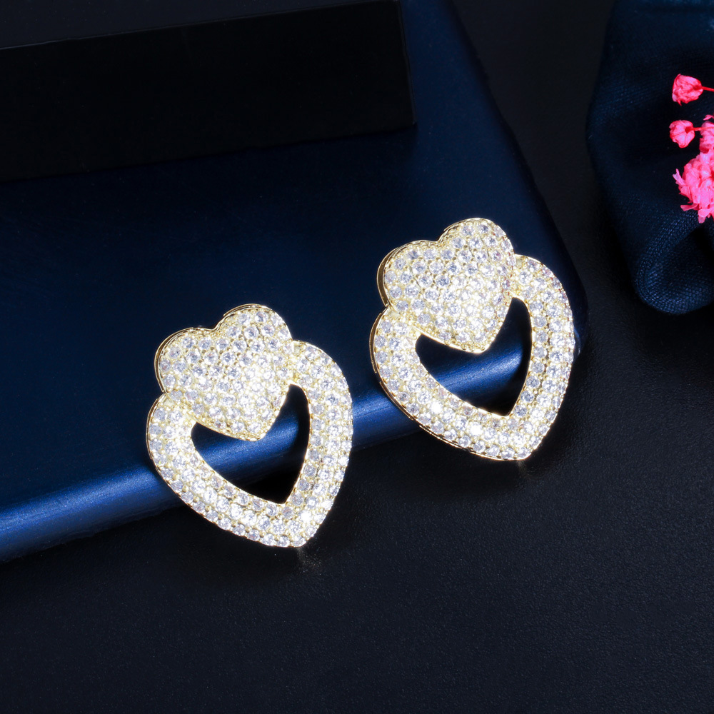 Copper Heart Shape Electroplating Zircon Rhodium Plated Classic Style Inlay Ear Studs