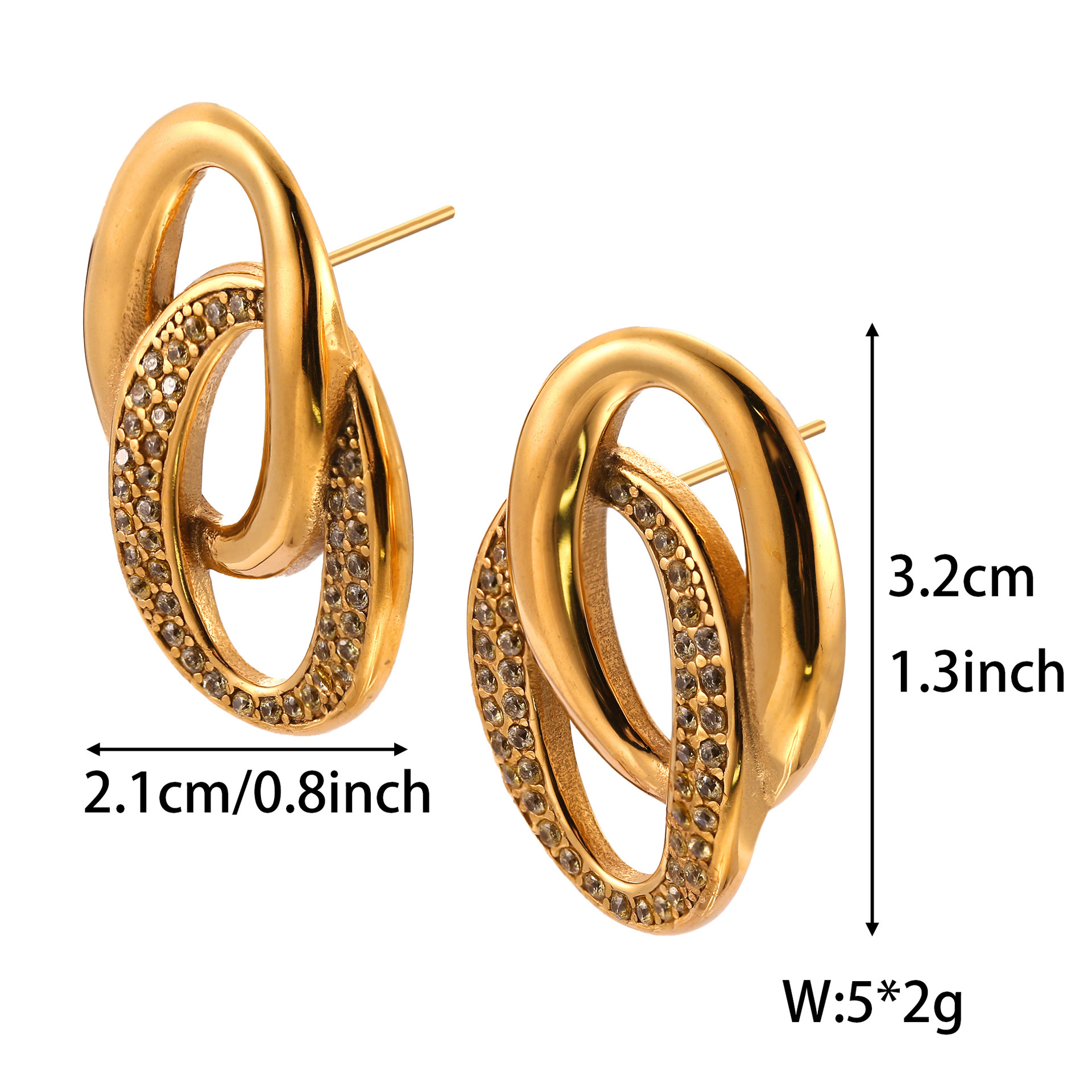 UV Electroplated 18K Real Gold Stainless Steel Casting Double O Splicing Zirconia Earrings Niche European And American Style Trendy Fashion Earrings