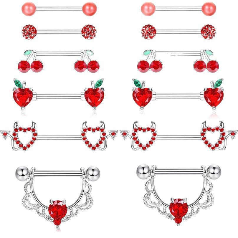 Red Diamond Embedded Heart Cherry Piercing Jewelry Set Women's Stainless Steel Fashion Accessories  Style