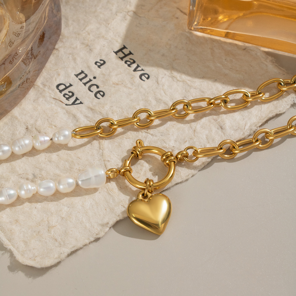 Elegant Stainless Steel Pearl Heart Necklace Non-Fading For Banquet High-End Jewelry Accessories Natural Freshwater Pearls