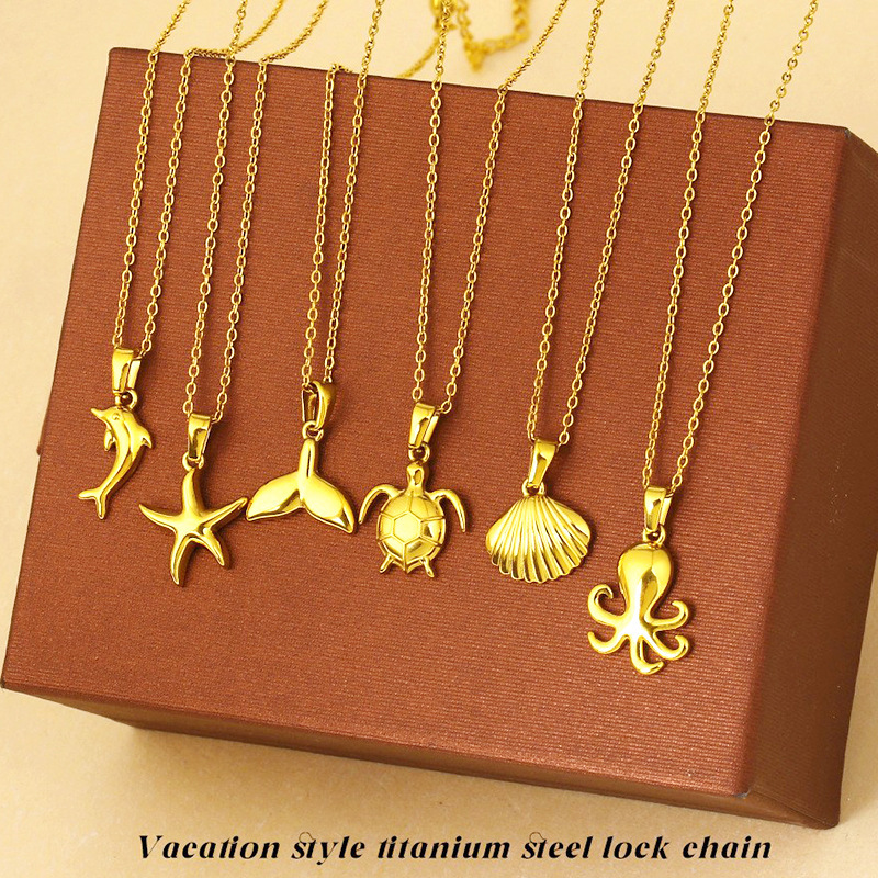 18K Gold Plated Turtle Starfish Shell 304 Stainless Steel Animal Pendant Necklace Fashion Starfish Conch Collarbone Chain Women's Ocean Series Jewelry Accessories