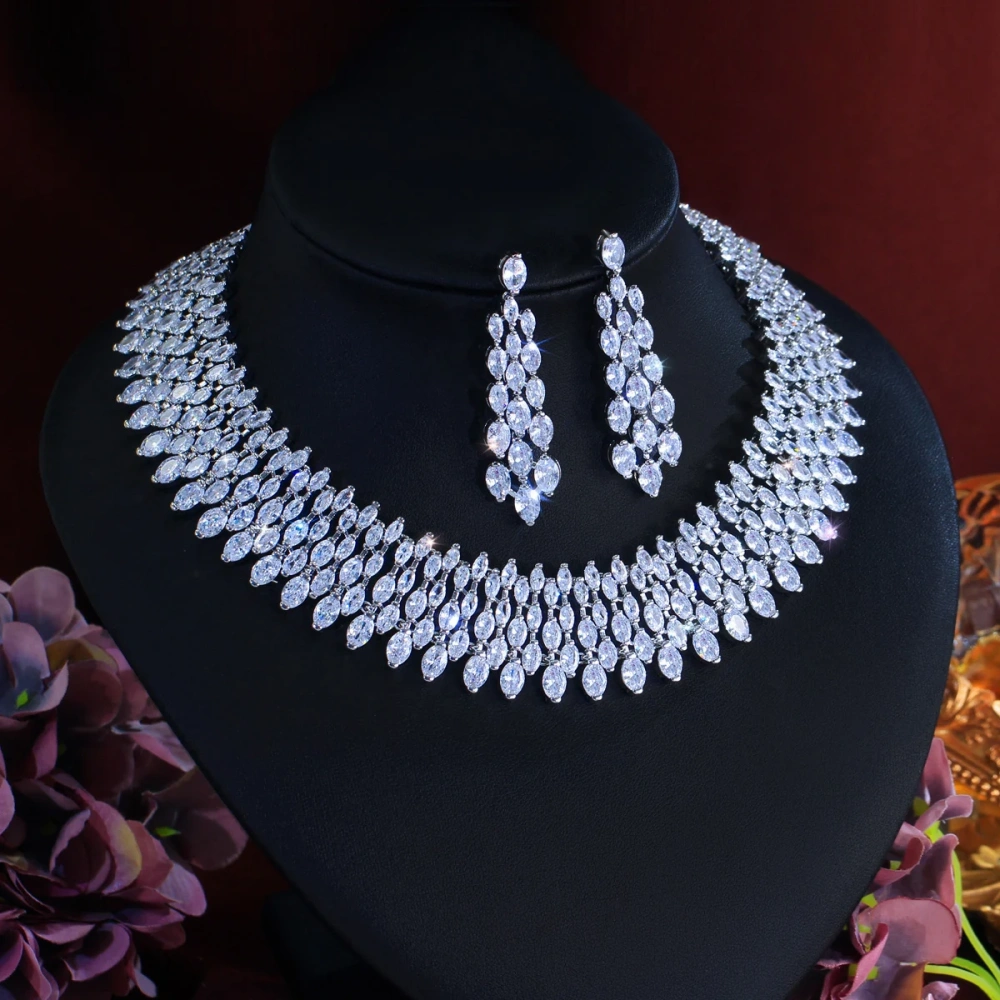 Rhodium Plated Copper Water Plated Zircon Geometric Pattern (Jewelry) Waterproof Non-Fading Wide Thick Women Bride Gorgeous Necklace Earrings Set For Women Wedding Season