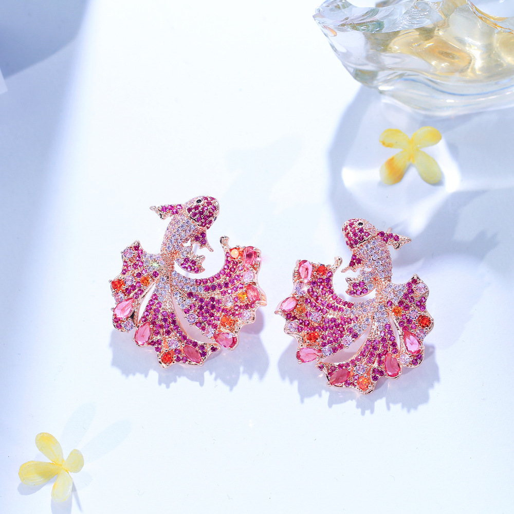 Creative Copper Fish Shaped Earrings With Colorful Zirconia Stones Wedding And Date Suitable Women's Fashion Jewelry Accessories
