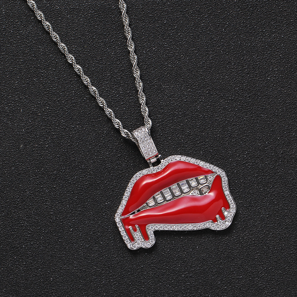Big Red Lip Pendant Hip Hop Nightclub Dominant Wild Rap Accessories Red Lip Saliva Mouth Pendant Geometric Pattern Copper