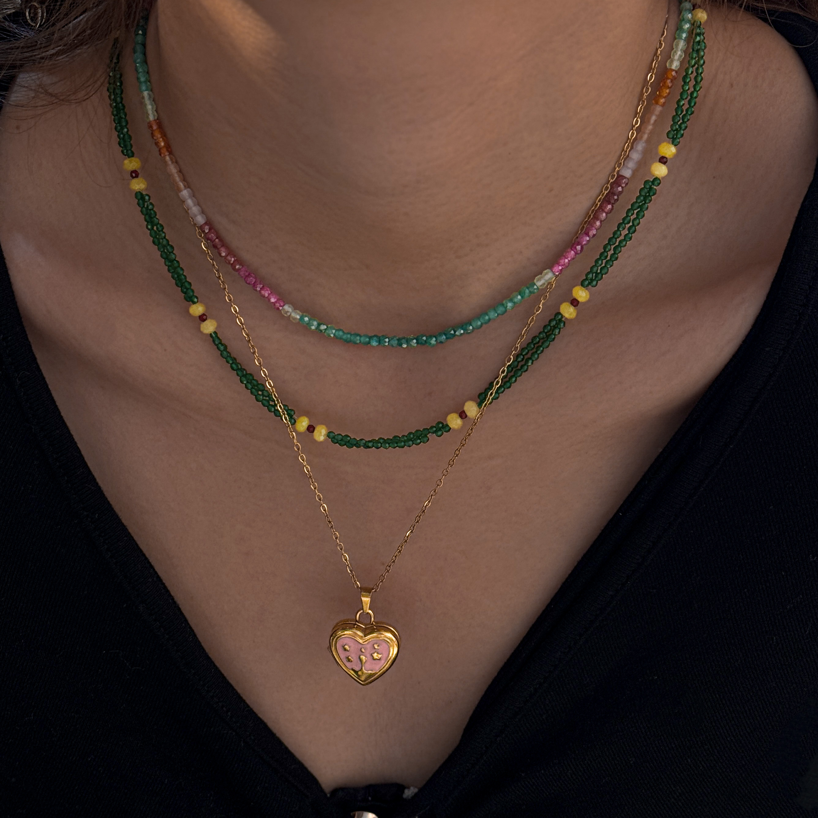 304 Stainless Steel Zircon Geometric Pattern Vacuum Plating (In Furnace) 18K Real Gold Plated Beaded Chain Lobster Clasp Colorful Gold Necklace For Women Elegant Basic Style (Simple Design) Novel Design