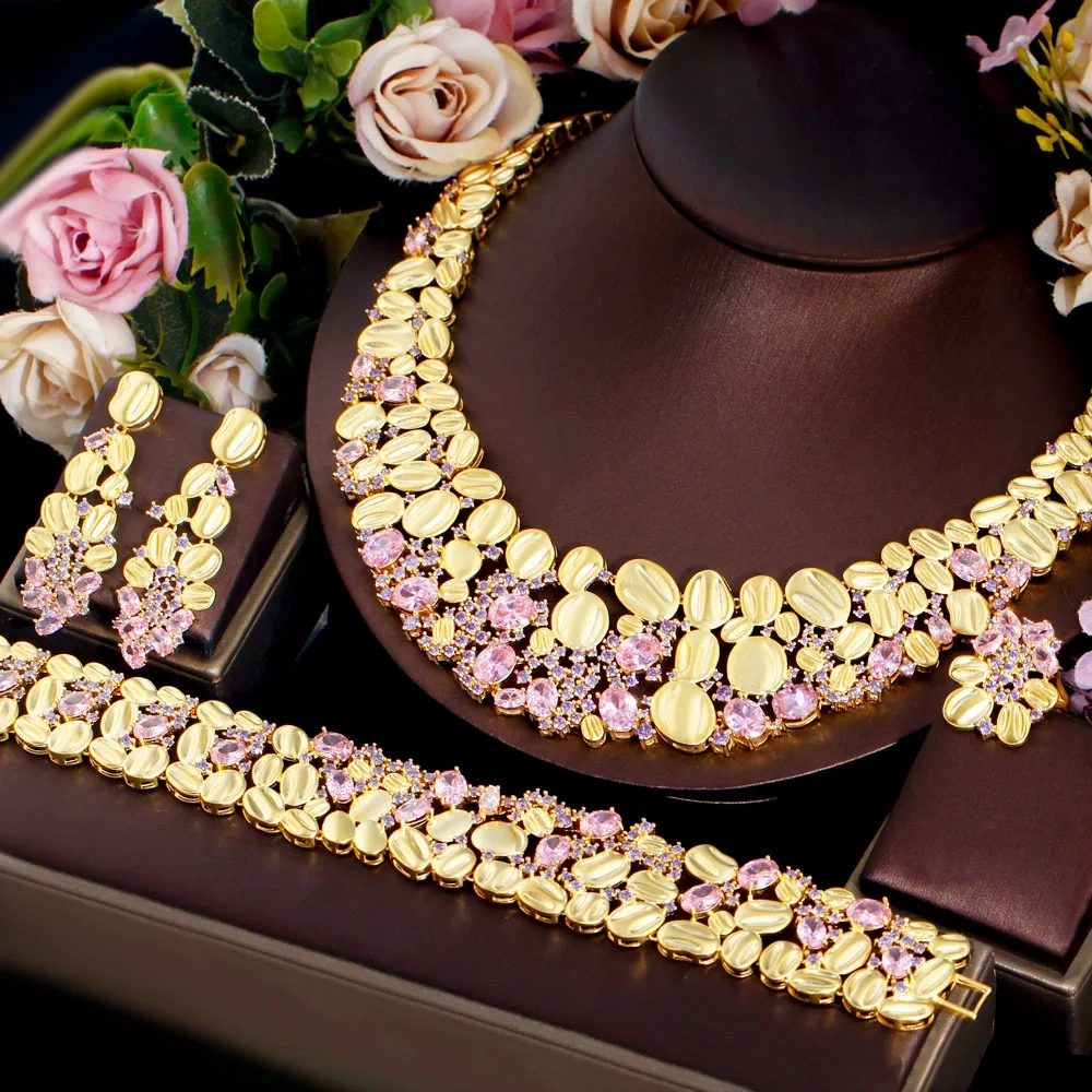 18K Gold Plated Copper Zircon Flower Jewelry Set Waterproof Non-Fading Safety Clasp For Women Wedding Season